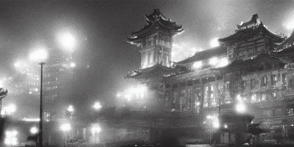 Image similar to light coming out of one bull - like kaiju starfish monster, korean film noir, korean traditional palace, pyongyang city, 1 9 6 0 s, red color bleed, 4 k, video compression, video glitch, monochrome, akira kurosawa, mamoru oshii, wes anderson, stanley kubrick