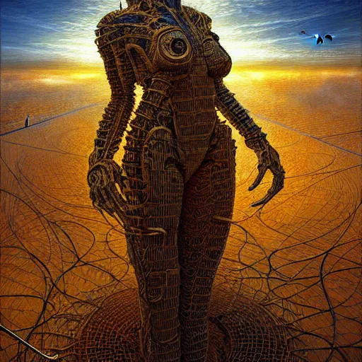 Prompt: sci - fi demon, atmospheric lighting, painted, intricate, golden and blue hour, ultra detailed by peter gric, giger, enki bilal
