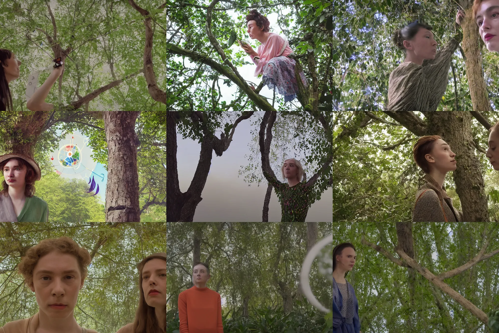 Prompt: non binary future world, sustainable cities in a harmonious coexistence, plume is connecting to the web through the tree, 1 6 mm portrait by maria sibylla merian, derek jarman, barbara hammer 4 k, 8 k, perfect faces