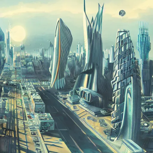 Prompt: Futuristic looking city by Gary Meyer, retro-futurism 4k, high details