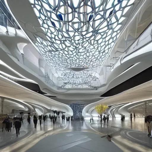 Image similar to extremely detailed ornate stunning beautiful elegant futuristic museum lobby interior by Zaha Hadid