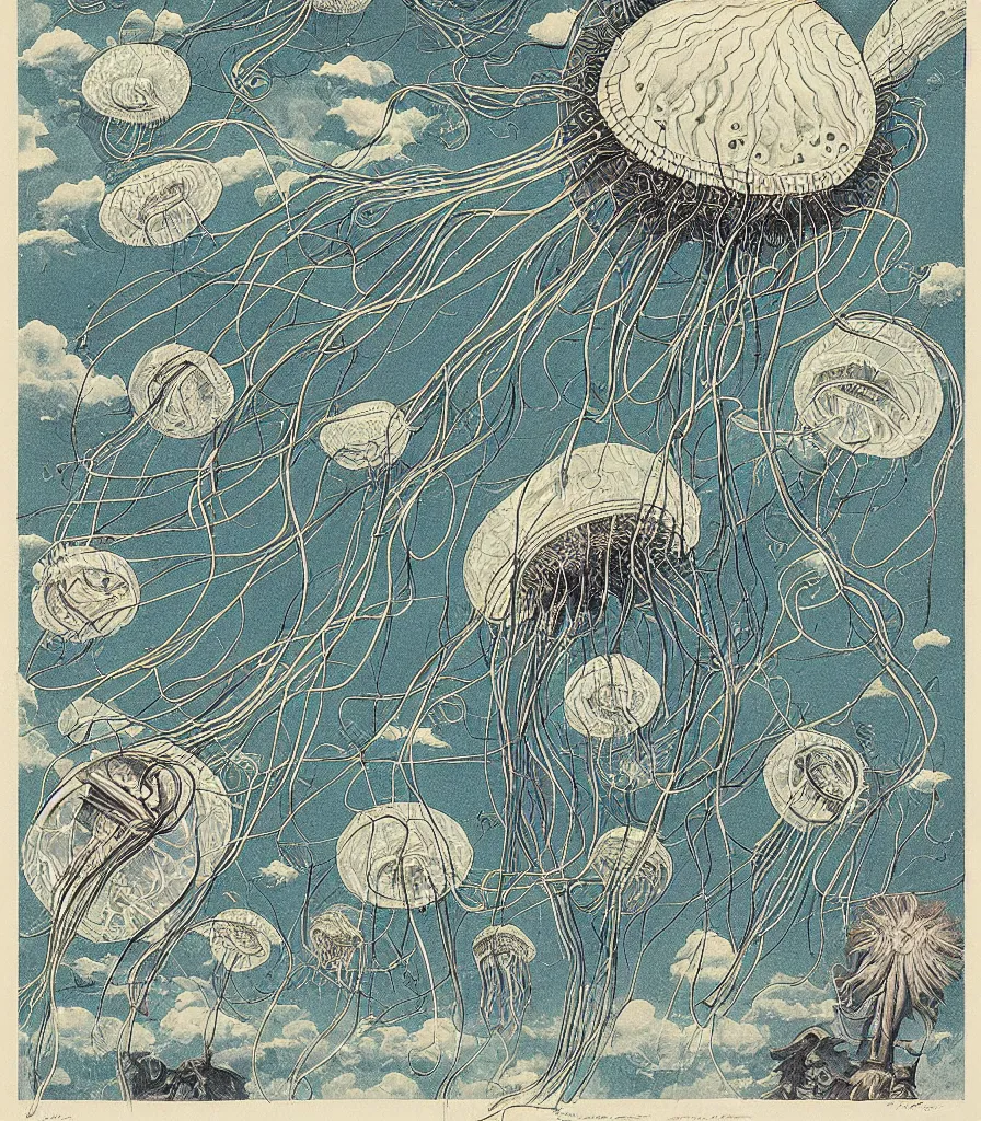 Image similar to brilliant alien jellyfish in the sky color scientific illustration by Ernst Haekel, Hayao Miyazaki, color illustration with orthographic views