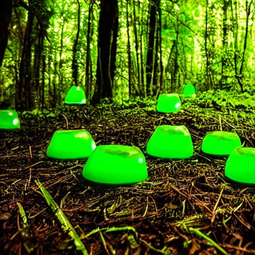 Image similar to glowing green jello mushrooms in a mystical forest, firefly trails