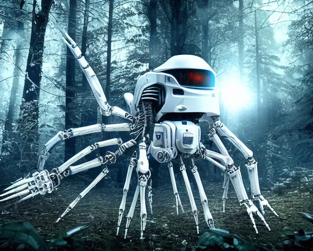 Image similar to photo of a giant huge white crystal terminator spider with heavy duty biomechanical hydraulic cybernetic body with antennas and visor cogs and gears and components in the forest. cyberpunk horror style. highly detailed 8 k. intricate. nikon d 8 5 0 5 5 mm. award winning photography.