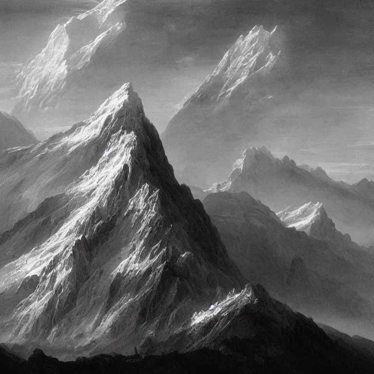 Prompt: huge mountain ascending into the sky tall mountain alps in the style of Ansel Adams, Thomas Cole and Gustave dore