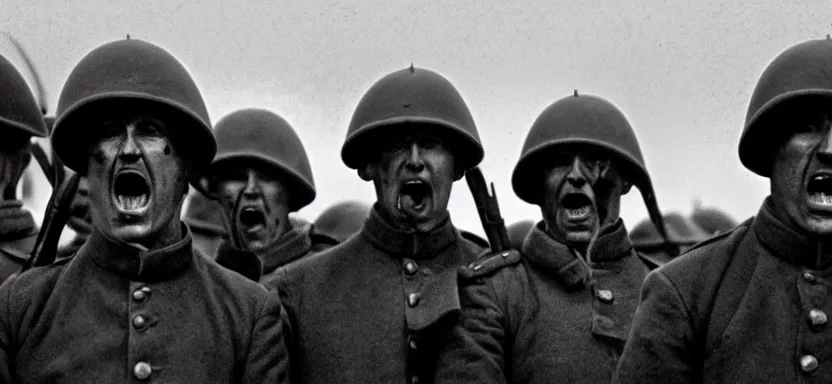 Prompt: horrified World War 1 soldiers, high contrast lighting, cinematic film still