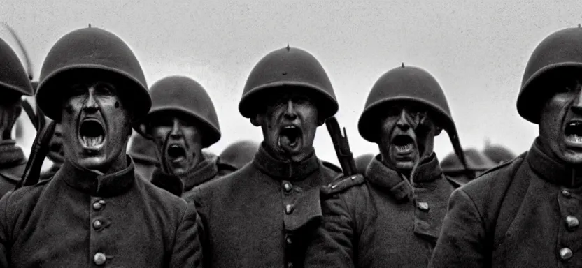 Image similar to horrified World War 1 soldiers, high contrast lighting, cinematic film still