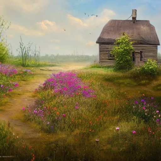 Image similar to a matte painting of a prairie, cottage close up, river, overgrown, patchy flowers, oil painting, pale colors, high detail, 8 k, wide angle, trending on artstation,