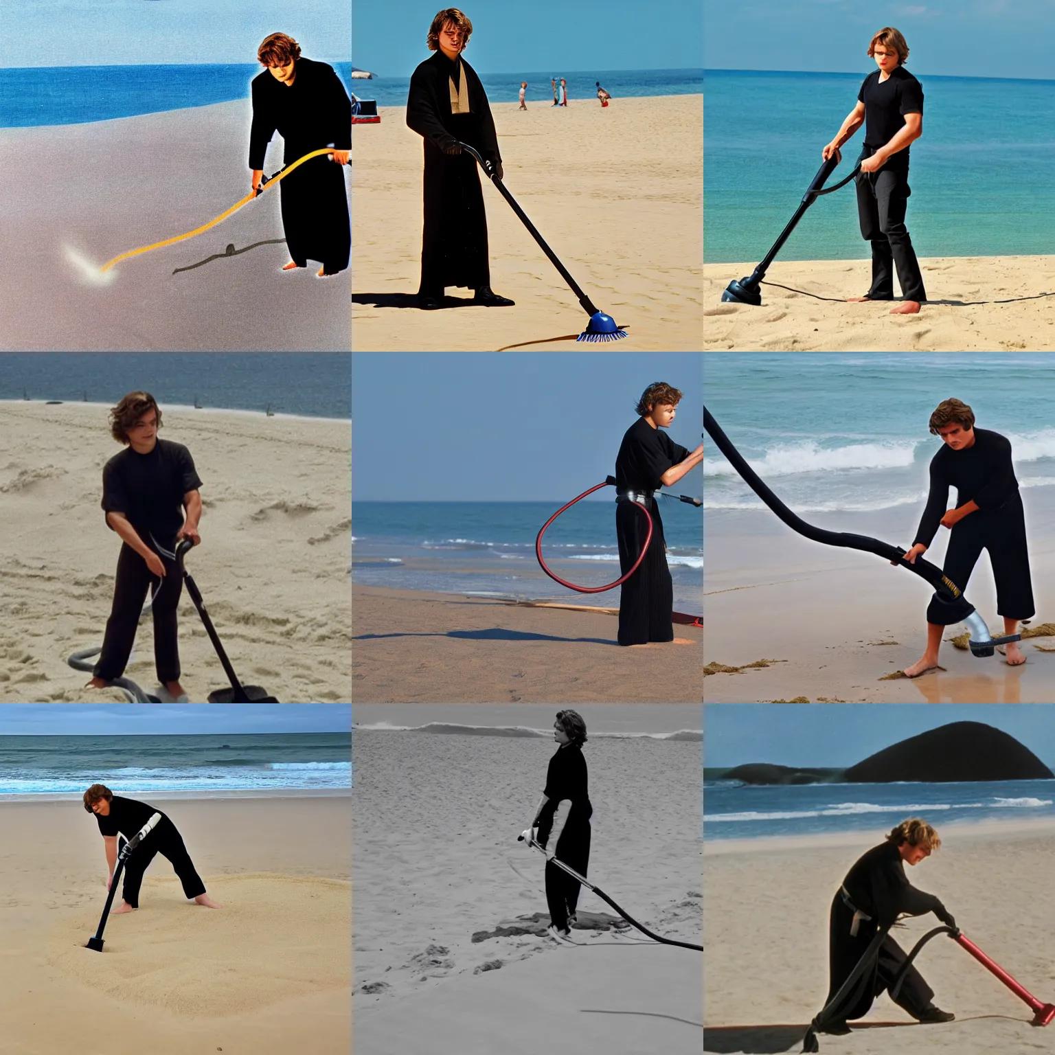 Image similar to anakin skywalker vacuuming the beach to remove sand