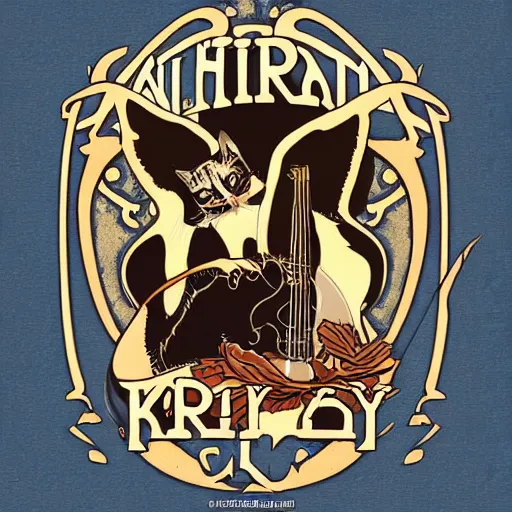 Image similar to art nouveau concert T-shirt design for heavy metal band “Kira” featuring tabby cat “Kira”, masterpiece, trending on artstation, cgstudio