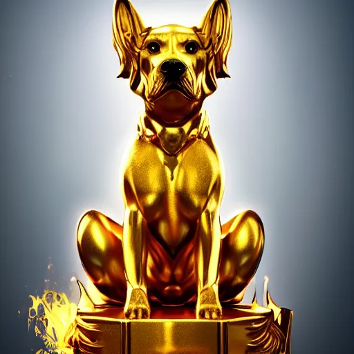 Image similar to golden dog sitting on a fiery throne, stylized, artgerm, artstation, hd, cgsociety, cgi, realistic, dramatic, cinematic, artistic, trending, detailed