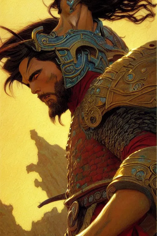 Prompt: tales from earthsea, attractive beefy male with armor, character design, dynamic lighting, cool and bright tint, painting by gaston bussiere, craig mullins, j. c. leyendecker, tom of finland