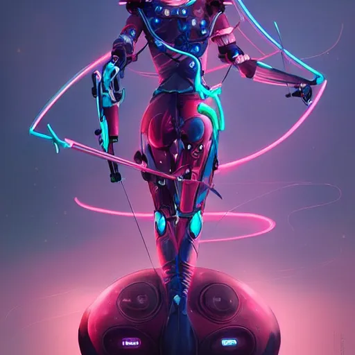 Image similar to portrait of an astonishing beautiful futuristic robot archer, glowing neon bow, realistic, artgerm and peter mohrbacher style, 4k