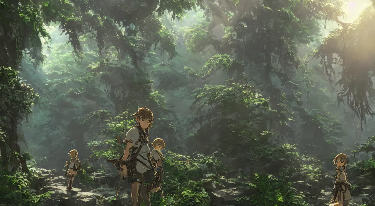 Image similar to animation concept art, Breath of the wild + studio ghibli style, Shinkai Makoto, yoji shinkawa, amazing steampunk alleyway between Japanese temples of Kyoto, mysterious, lush vegetation and fern, rule of thirds, dramatic lighting, landscape, beautiful, gorgeous, hyper detail, 8k, octane render, animated art, cinematic, trending on artstation