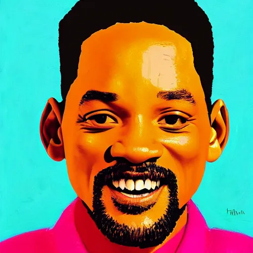 Prompt: a portrait of will smith, in the style of David Hockney, abstract, flat, colorful, oil painting a bigger splash