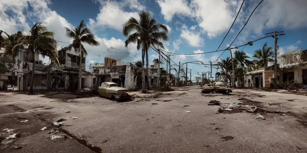 Prompt: low wide angle shot of dilapidated fallout 5 miami, tropical coastal city in real life, desolate, dilapidated, empty streets, some rusted retro futuristic vintage styled parked vehicles like cars, buses, trucks, trams, sunny weather, few clouds, volumetric lighting, photorealistic, daytime, spring, sharp focus, ultra detailed