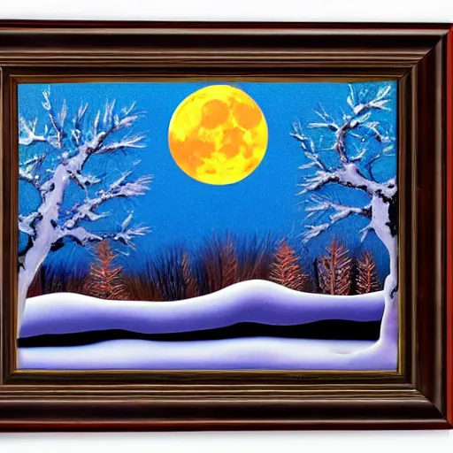 Prompt: a winter scene with the moon rising above the horizon by lisa frank