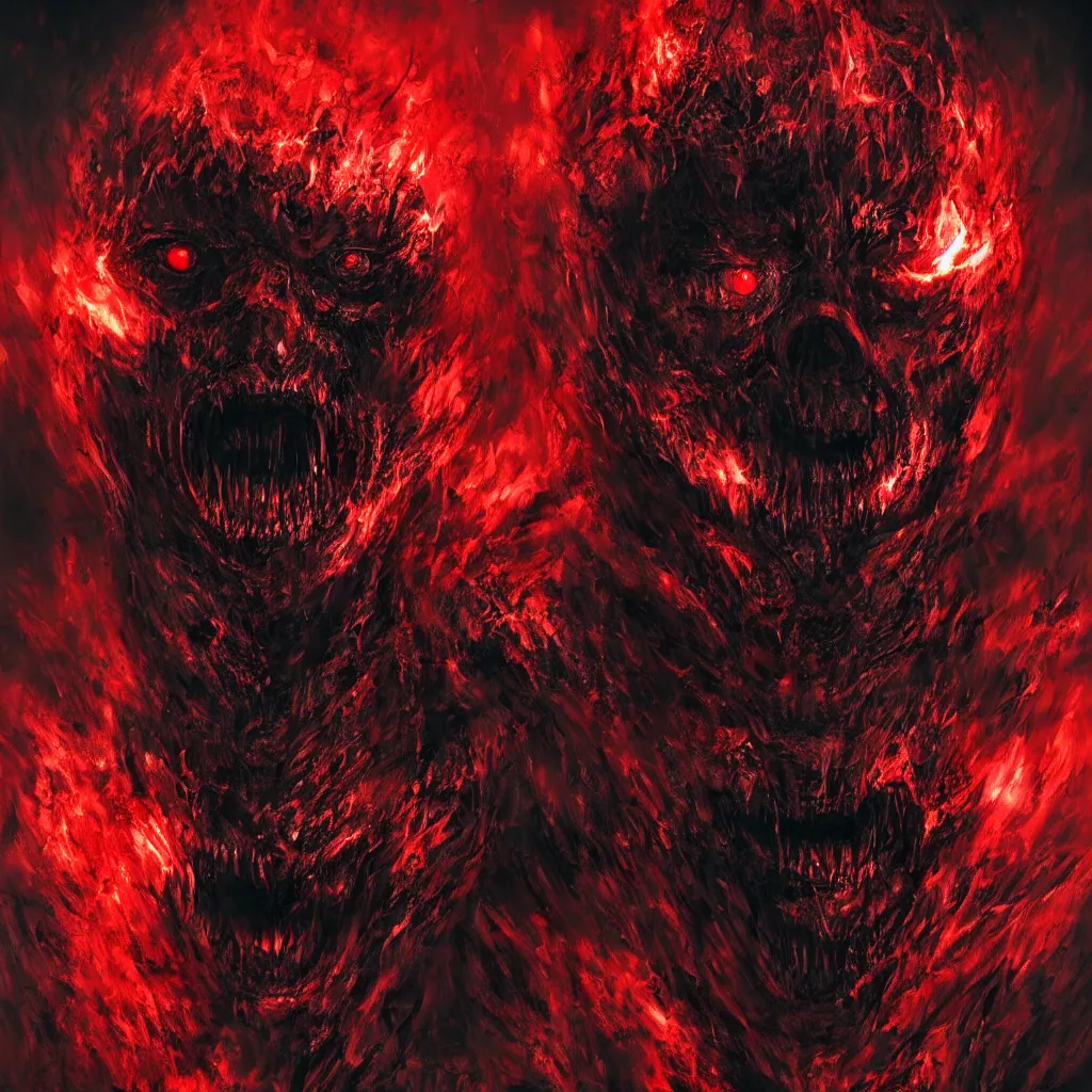 Prompt: a menacing and scary devil face,red and black and luminous with bloodshot eyes against a hellish background with a lot of smoke, darkart, hyperdetailed, hyperealistic, cinematography, 16k,3D, Artstation, very beautiful