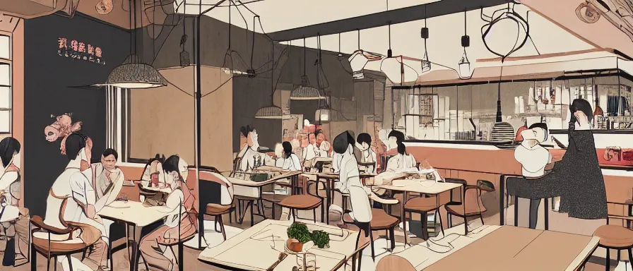 Prompt: a beautiful interior view illustration of a small roasted string hotpot restaurant in yan'an city, restaurant wall paper is a tower on a mountain, rectangle white porcelain table, people are eating, black chair, animation illustrative style, from china, simple style structure decoration design, victo ngai, james jean, 4 k hd