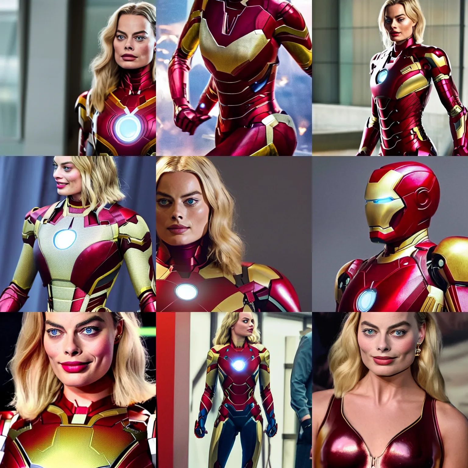 Image similar to margot robbie wearing an iron-man costume, detailed face, photorealistic, cinematic