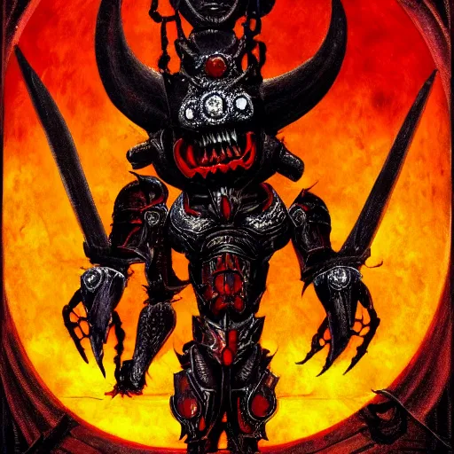 Prompt: a portrait demon in iron armor with diamonds sits on the black throne of death and looks with red eyes into the darkness against the background of a bright red sun