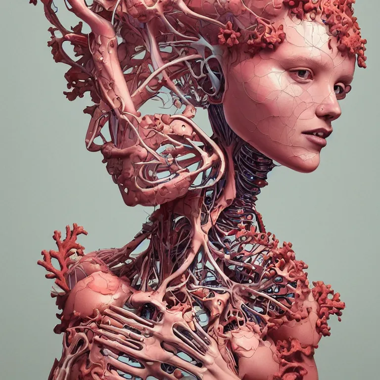 Image similar to portrait of beautiful!! woman with coral!! reef hair. torso, lungs, plates, biomechanical android. soft light painted by james jean and moebius!!! and erik jones, inspired by mary jane ansell, smooth face feature, intricate oil painting, high detail 3 d render, sharp high detail