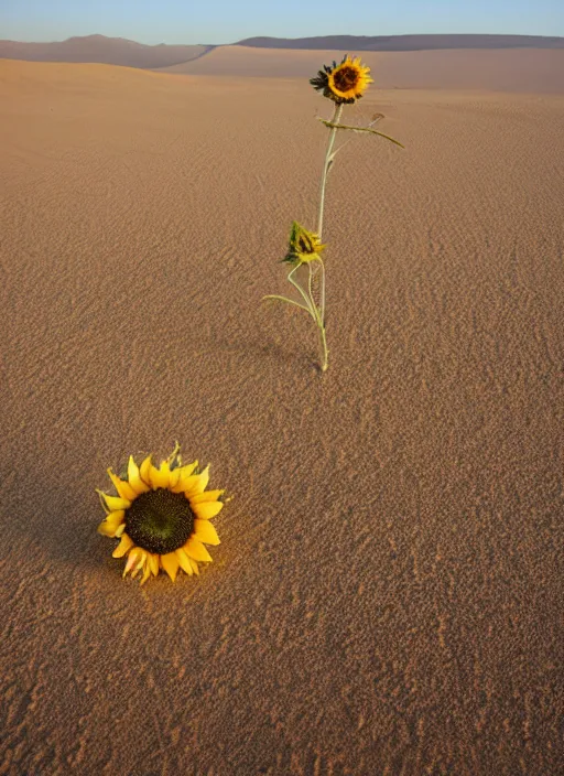 Prompt: an endless desert, only one sunflower, a moon in the sky