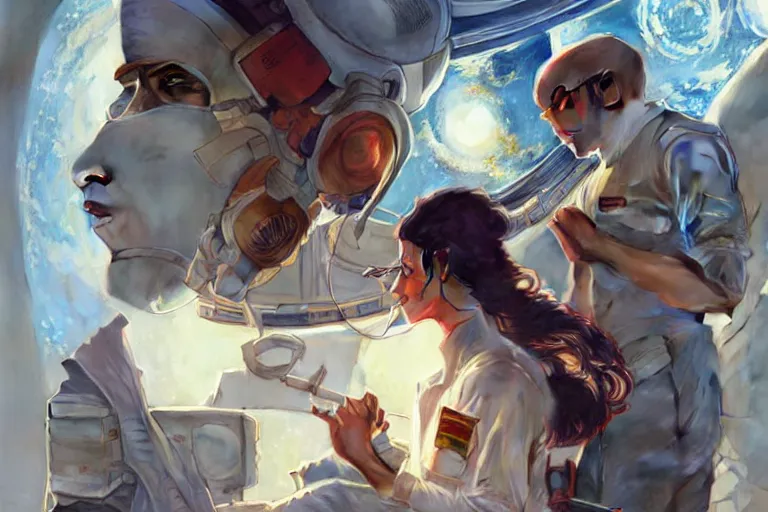 Image similar to Sensual good looking pale young Indian doctors wearing jeans in a space station above Earth performing surgery, portrait, elegant, intricate, digital painting, artstation, concept art, smooth, sharp focus, illustration, art by artgerm and greg rutkowski and alphonse mucha