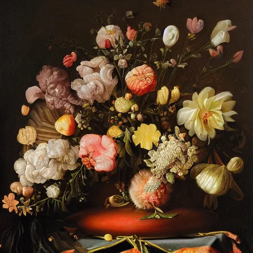 Image similar to disgusting disturbing dutch golden age bizarre floral still life with many human toes sprouting up everywhere by rachel ruysch black background chiaroscuro beautiful dramatic lighting perfect composition high definition 8 k 1 0 8 0 p