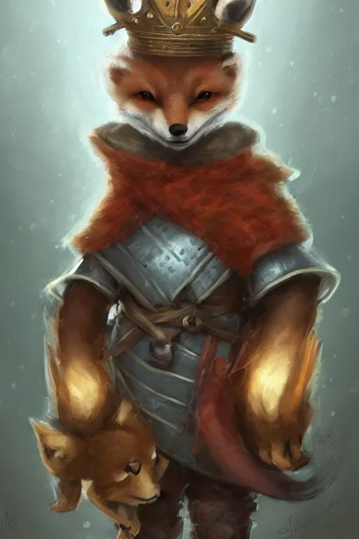 Image similar to cute little anthropomorphic foxy knight wearing a cape and a crown, tiny, small, miniature fox, baby animal, short, pale blue armor, cute and adorable, pretty, beautiful, DnD character art portrait, matte fantasy painting, DeviantArt Artstation, by Jason Felix by Steve Argyle by Tyler Jacobson by Peter Mohrbacher, cinematic lighting