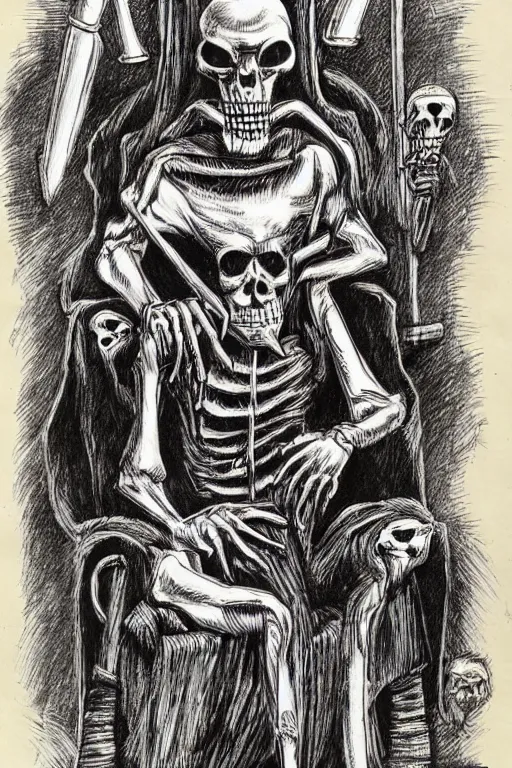 Image similar to grim reaper sitting in a throne, surrounded by your other personalities, by ed ( big daddy ) roth