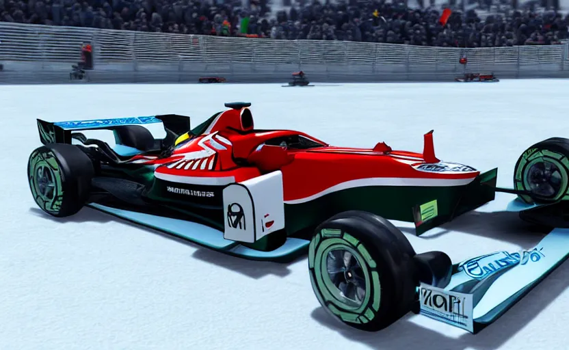 Prompt: f1 car racing on ice in trackmania