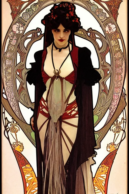 Prompt: full body vampire princess portrait painted by alphonse mucha