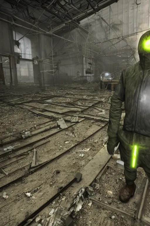 Image similar to a stalker with a detector in his hand from the game s.t.a.l.k.e.r stands next to a translucent luminous sphere in an abandoned factory