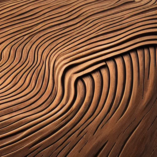 Image similar to a wood sculpture in the shape and texture of waves, deep and expressive grain patterns, volumetric lighting, light rays, photorealistic, ultrarealistic, coronarender, 8k