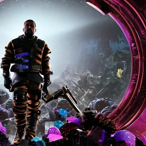 Prompt: Kanye West as 'willy wonka'!!!! in gears of war, splash art, movie still, cinematic lighting, dramatic, octane render, long lens, shallow depth of field, bokeh, anamorphic lens flare, 8k, hyper detailed, 35mm film grain