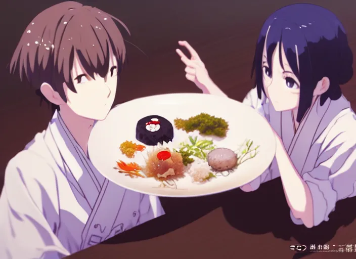 Image similar to a film still portrait of a plate with japanese food onigiri, finely detailed features, closeup at the food, perfect art, at a dinner table, gapmoe yandere grimdark, trending on pixiv fanbox, painted by greg rutkowski makoto shinkai takashi takeuchi studio ghibli, akihiko yoshida