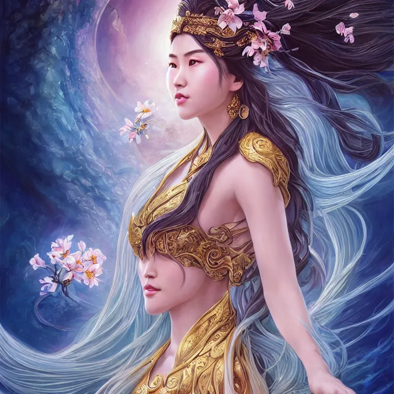 Prompt: beautiful cinematic fantasy poster, a beautiful vietnamese goddess wearing a long flowy ao yai with enbroidered flowers with flowing illuminated hair, beautiful glowing galaxy eyes, wideshot ultrawide angle epic scale, hybrid from The Elden Ring and art direction by Darius Zawadzki ;by artgerm; wayne reynolds art station; cinematic quality character render; low angle; ultra high quality model; production quality cinema model;