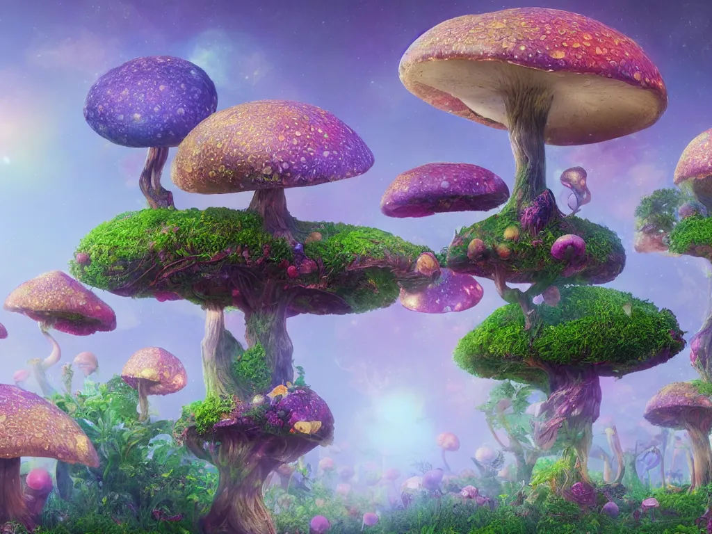 Image similar to The universe is a spheroid region!! forest of enchanted mushrooms, 3d render, Sunlight Study, by Carducius Ream and ((((Lisa Frank)))), Art Nouveau, 8k, extreme detail, sharp focus, octane render