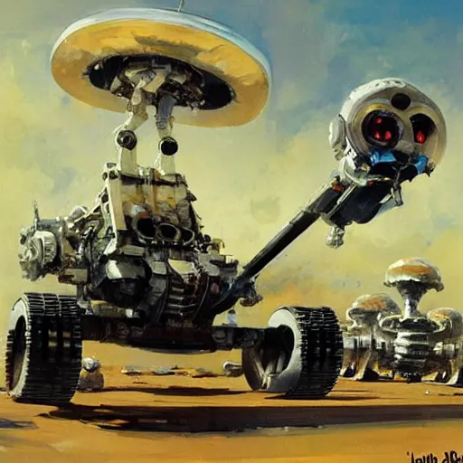 Prompt: a futuristic land walking vehicle with six robot legs and a huge cannon, painting by john berkey