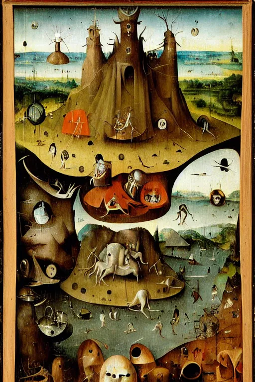 Image similar to a beautiful landscape with weird creatures by hieronymus bosch and johfra bosschart