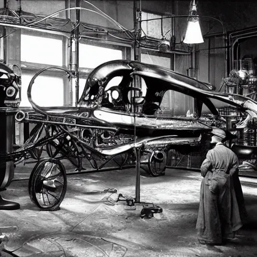 Prompt: scientists discovering an extraterrestrial vehicle in a warehouse, 1 9 2 0's sci - fi, black and white, 8 k, highly ornate intricate details, extreme detail,