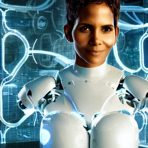 Prompt: beautiful centered Fine art photo portrait of young Halle Berry as a solarpunk robotic humanoid treading on a lake, white mechanical parts with led lights, photorealistic, white background, highly detailed and intricate, sun lighting, HDR 8k