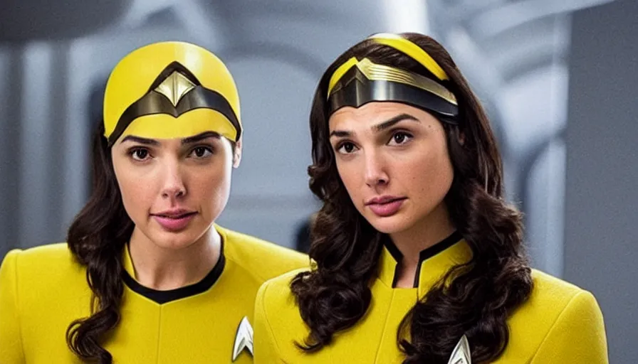 Image similar to Gal Gadot, wearing a yellow uniform, is the captain of the starship Enterprise in the new Star Trek movie