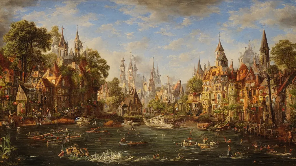 Image similar to an old enchanted fantasy town, viewed from the harbor, by jean - baptist monge,