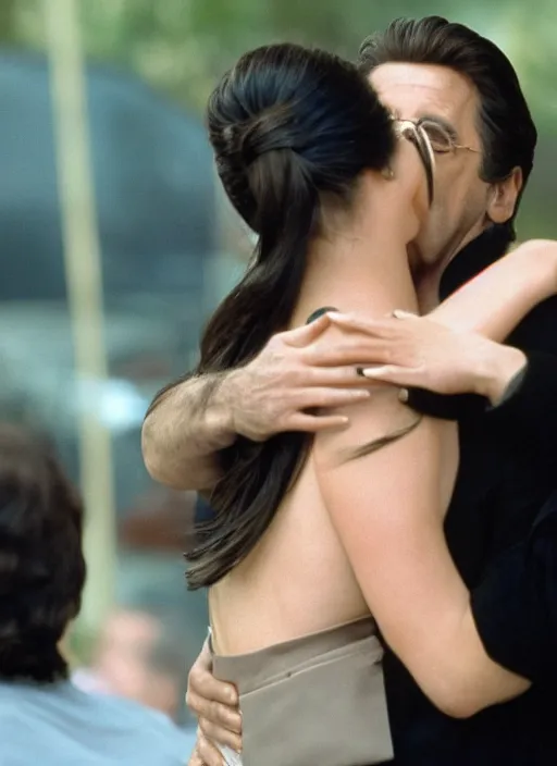 Image similar to film still of Al Pacino hugging kim kardashian in an episode of The Sopranos, 4k