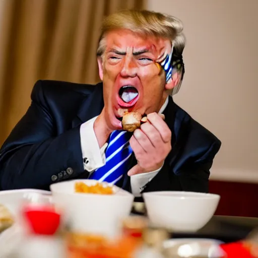 Image similar to Donald Trump screaming, angry, and refusing to eat his dinner, 4k, high quality photograph