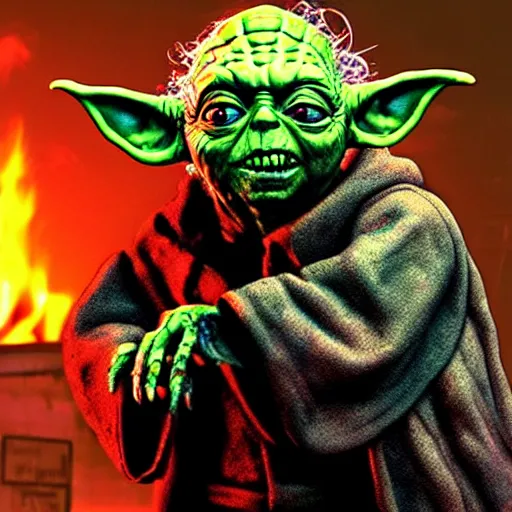 Image similar to zombie yoda as a zombified zombie in the walking dead, photograph, hyperrealistic, burning fire city background