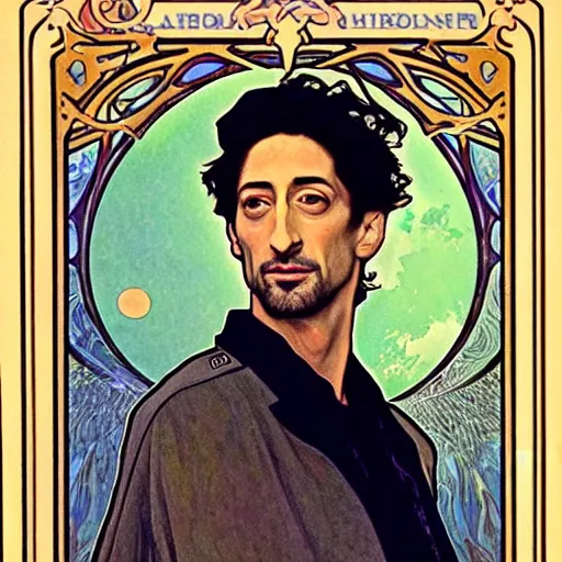 Image similar to adrien brody portrait by louis - theophile hingre and alphonse mucha, realistic, sharp focus, zodiac signs, tarot cards, planets, ethereal, art nouveau, magic, moon, sun, crown, dreamy, royal, jewellery