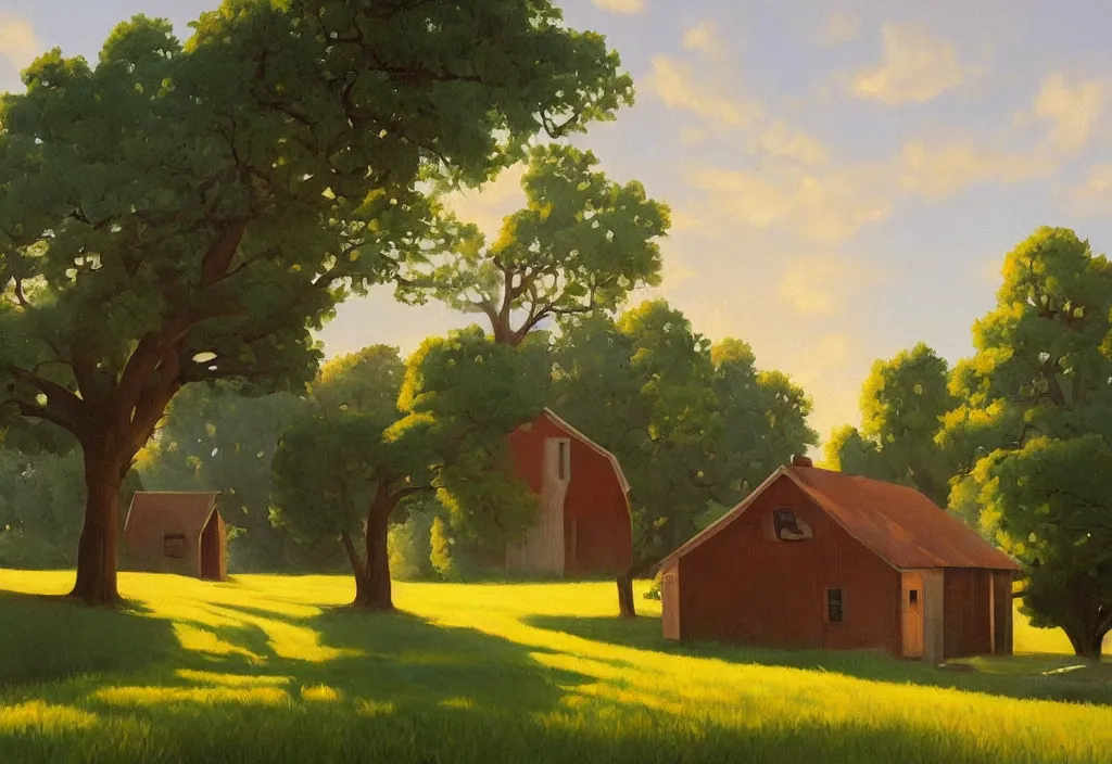 Image similar to a landscape painting of an old farm house in the countryside, summer, painting by kenton nelson, early morning light, puffy couds